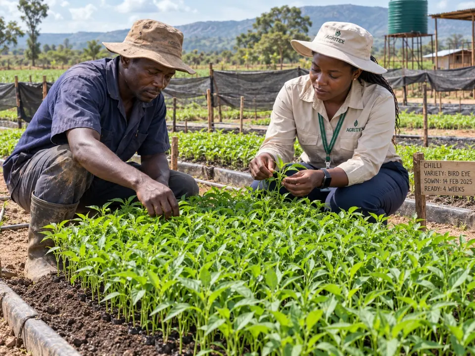 Seedlings inspected by farmer and agronomist